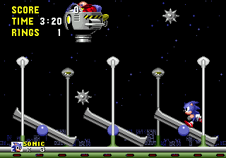 Flick the spikeballs back up to Robotnik using the see-saws, or let them land on the other side to throw yourself up there.