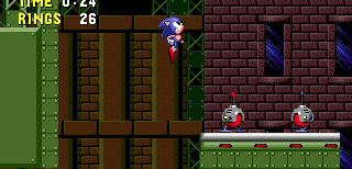 These two well placed bomb badniks make it difficult to progress beyond them without getting stung by their flying projectiles. If you get knocked off one of the next platforms, you'll fall to your death..