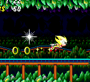 At full speed, Super Sonic does a floating dash, although this doesn't mean he can fly mind you, he's still susceptible to gravity, at least in this game. Also note the stars that trail behind him.