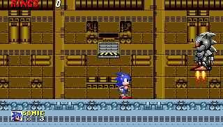 The Mecha Sonic slowly descends into the arena via his jets, and cannot be touched until he lands.