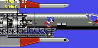 When you drop down to the bottom, Sonic will automatically run to the edge, but is too late to catch Eggman as his ship leaves the docking bay. Rats!