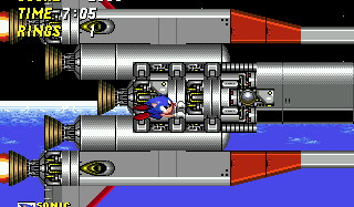 Sonic makes a desperate leap and clings onto the ship as it breaks through the atmosphere, and eventually docks into the Death Egg.