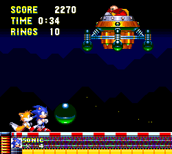 Eggman has a simple but fairly long winded attack pattern. Floating high in the air, he drops a green orb vaguely in your direction and then hovers over it..