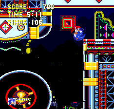 As Sonic, continuing right from the the thirty rings and wheel, when you take the first elevator vent to another wheel, a shortcut can be found by taking the wheel to a higher right hand ledge. Another Special Stage ring and checkpoint follows.
