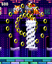 Eggman attacks first of all by stirring up a whirlpool in the water that sucks you toward a spiraling column into the propeller of his ship. Hit him at the start of this when he drops down to begin the attack, then keep on running to escape!
