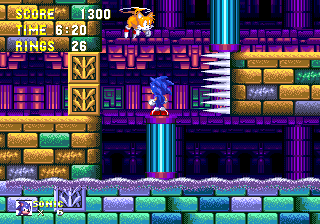 You must make your way through several floors of corridors, each has a moving column running through. There are gaps at alternate ends to jump up into, avoiding the spikes, but you need to stand on the top of the column for a boost.