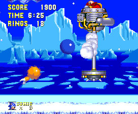 Use the platform at the bottom of the pole to reach Eggman's craft. However, it's never just that simple. Mounted underneath the craft and on either side of the platform are freeze guns that fire one after another in an order that's hard to predict.