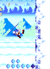 All good things come to an end soon though, as Sonic painfully finds out by smashing straight into a solid wall. Knocked off his board, he falls into a cave where a pile of snow is dumped on him.