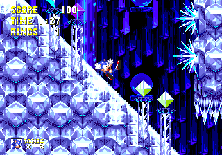Very steep slopes are commonplace in Act 1. You'll tumble down them on alternating sides, and they frequently loop through the level vertically, so reach the bottom of the map and you'll fall neatly back into the top. At times, this creates never-ending drops that you must find a way out of.