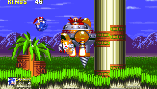 The boss begins with Eggman destroying the ground below then escaping into the air to leave our heroes in the wreckage. Before he does, give him as many hits as you can manage!