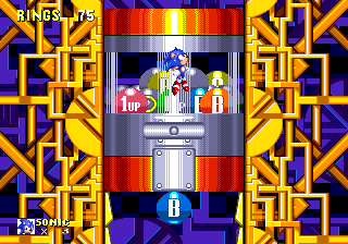The bonus stage traps Sonic and Tails in a giant gumball machine, in which gumballs are retrieved by touching the crank, at the top of a tall shaft. Collect the falling gumballs to acquire a corresponding item..