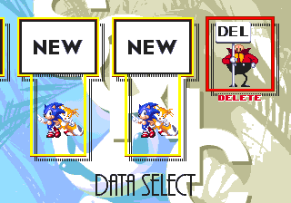 With a new save file selected, you can choose your character using the up and down buttons. To delete an active file, move over to the Eggman Delete option at the far end of the list. With him selected, highlight your chosen file to remove.