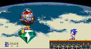 ..Eggman rises from the fires, still clutching the Master Emerald. Desperately, he makes his escape to the right!..