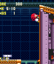 Knuckles has a very crafty shortcut here. Simply climb this wall to find that it slopes down at the top on the other side. This route cuts across the top of the act, and is of course also open to Tails.