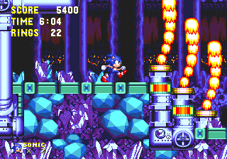 Act 2 takes on a far more drastic change than most, as lava cools and crystals form all around you. The background becomes a calmer, deep purple, and pathways are tamed by straight turquoise structures.