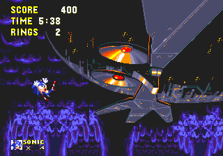 Sonic tumbles down into the pit, the huge Death Egg now occupying the whole background..