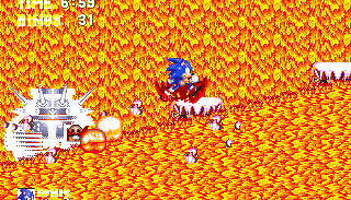 You have no way of hitting Eggman directly, instead the spikeballs will gradually destroy the machine as they slide down and make contact with it. It'll take a fair few though - 14 to be exact. Now and then, Eggman will allow the lava to straighten out, and then reappear on the other side to repeat the process at the opposite angle.