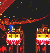 ..Eventually the missiles run out and Eggman disappears. Collapsing platforms must now be negotiated, still with a fixed screen that scrolls at a set pace, restricting your speed. If you fall through here, you'll die at the bottom!