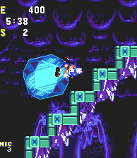 Sonic helplessly tumbles down the steps with it, crashing through the collapsing platforms in the middle, down through the abyss below.