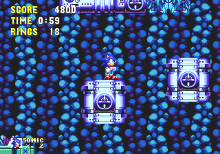 Early in Act 2, both characters find this series of moving platforms. Unfortunately they're set at a height that only Sonic can reach..