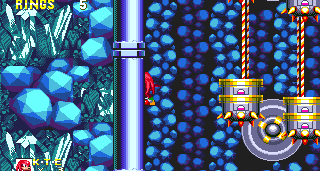 Knuckles gets his final shot at an emerald by nosing around the left hand wall from the only small circuit of spiked platforms on his route.