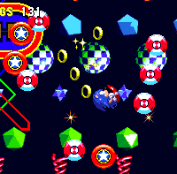 Surrounding the slots are collections of bumpers, small red and white spheres that you can jump off of, and collections of single rings. You can get a continue if you have at least 49 rings and then grab one of these, for the first time.