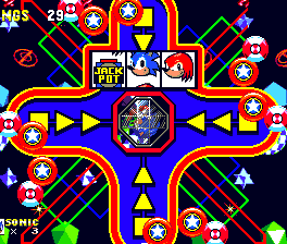 Drop into the slot machine in the middle, and the three slots above will begin rolling. The available icons include, ring, bar, Sonic, Tails, Knuckles, Eggman and Jackpot.