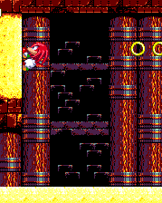 ..On this wall, your positioning needs to be perfect before jumping off and gliding back across, or you'll go right into the spikes. Aim to align Knuckles' head with the rings. If you go much higher, the ceiling will force you downwards..