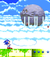 Sonic and Knuckles beam up to the Sky Sanctuary Zone just in time to see the Death Egg already emerging from the clouds..