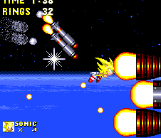..The missiles home in on you this time, causing you to fall backwards if they hit you, You also need to watch out for the three turrets mounted in the middle, which are constantly flinging projectiles at you, each of which has a similar effect. Keep on the move with the dash button to avoid!