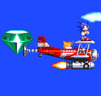 Reminiscent of Sonic 2, you're collected in mid-air by the Tornado which also releases a grappling device, towing the Master Emerald behind it..