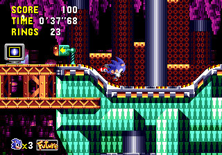 Your ongoing score total is kept on the top left, along with current time spent in the level and number of rings. Your lives are represented by the Sonic icon in the bottom left corner (or it becomes a letter F or P if you're in the Future or Past). If you have a time travel post activated, that panel is also displayed next to it too.