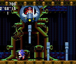 Returning to the top center, Eggman will start to fling the blades at you. He's too high to hit, and they come down on their thin sides, one by one. 