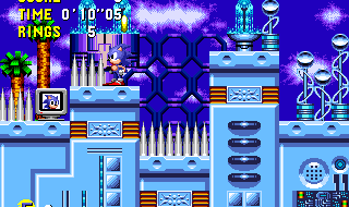 The benefit of the top route is this extra life, over to the far left side from the top of the shaft. If you can make it back up here whenever you die, you effectively have unlimited lives for this zone! 