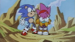 The ending movie begins with Sonic escaping from Eggman's collapsing base, Amy in arms, who is covering her eyes. Outside to safety, he takes advantage of her temporary blindness to quietly slip away from her before she realises.