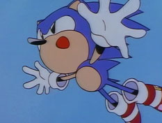 Sonic leaps gracefully from rock to rock.