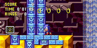 At the start of Zone 2, Sonic is slowly forced off of his perch by a large moving column. 